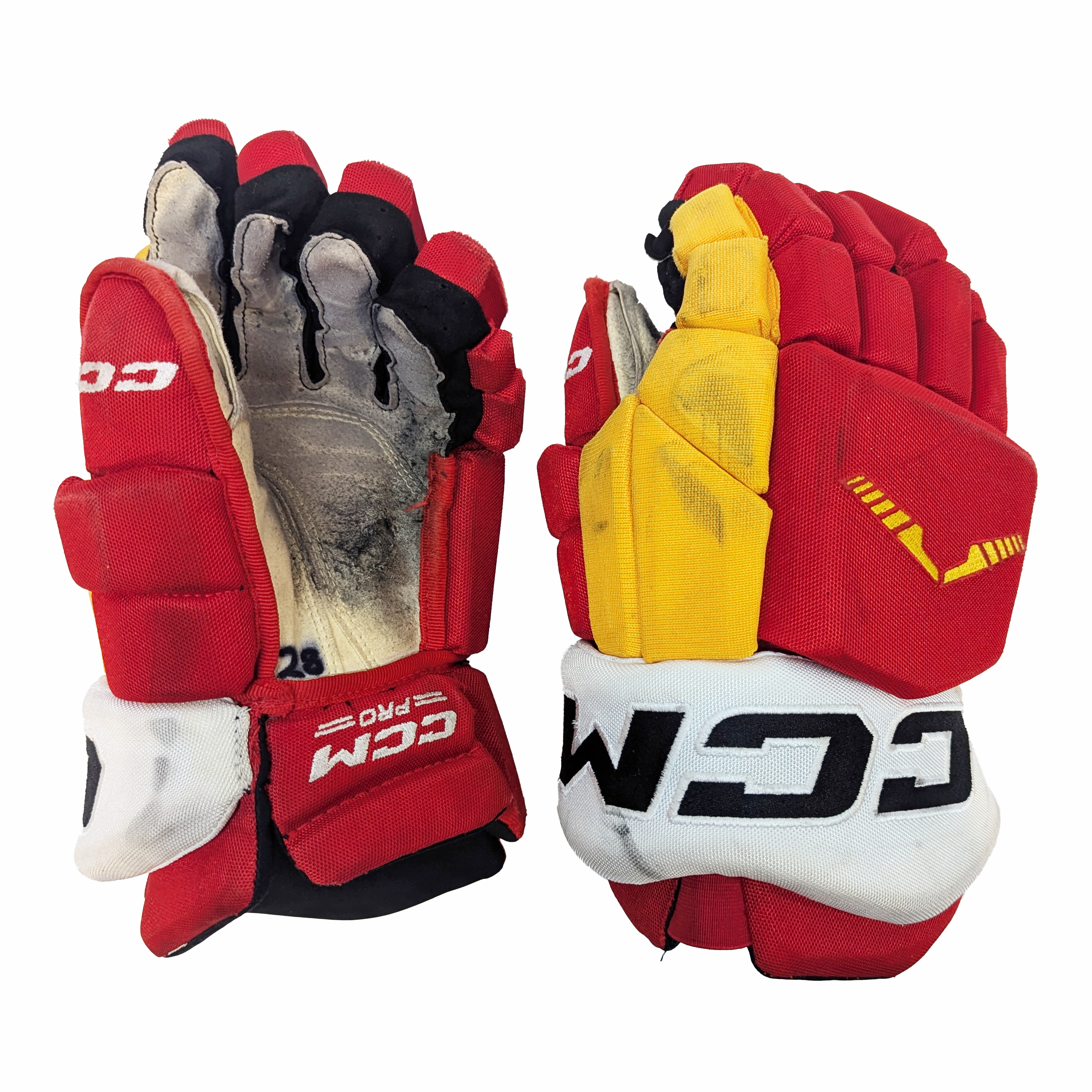 CCM HGTKPP - Gant d'occasion NHL Pro Stock - Flames de Calgary (rouge/jaune)